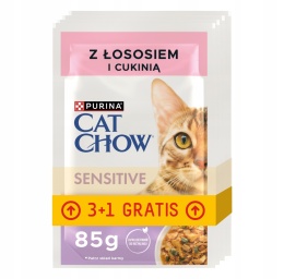 PURINA CAT CHOW SENSITIVE Z ŁOSOSIEM I CUKINIĄ 85G 3 +1 Gratis